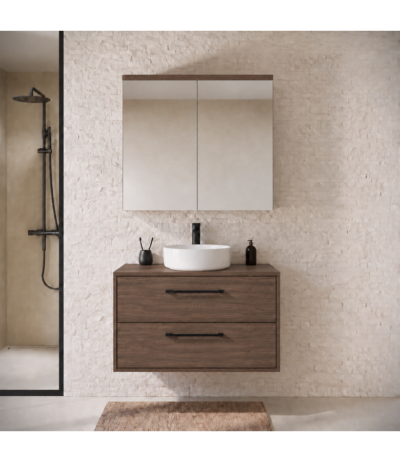 Wastafelkast Florence 80cm met spiegelkast - walnoot bruin