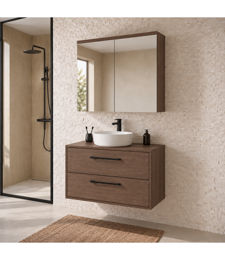 Wastafelkast Florence 80cm met spiegelkast - walnoot bruin