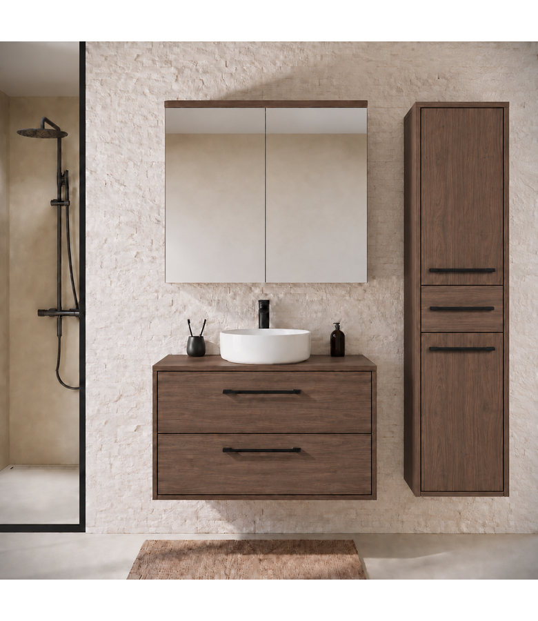 Wastafelkast Florence 80cm complete set met spiegelkast en kolomkast - walnoot bruin
