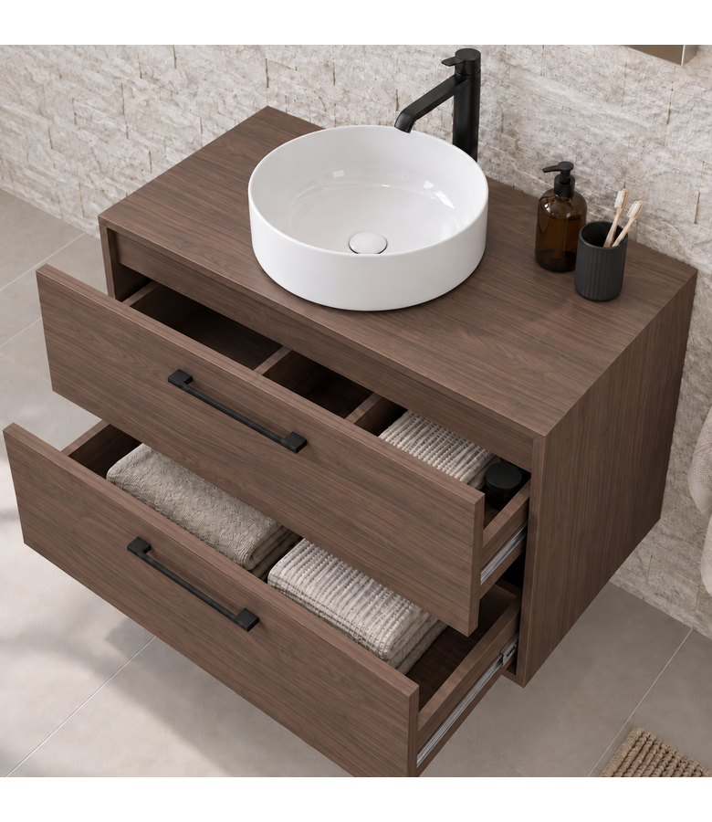 Wastafelkast Florence 80cm complete set met spiegelkast en kolomkast - walnoot bruin