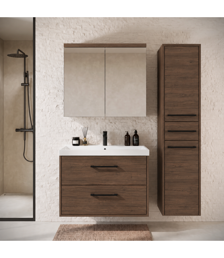 Badkamermeubel Florence 80cm complete set met spiegelkast - walnoot bruin