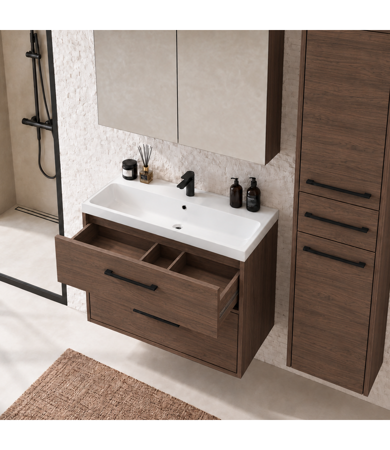 Badkamermeubel Florence 80cm complete set met spiegelkast - walnoot bruin