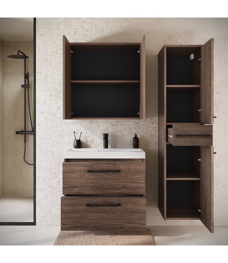 Badkamermeubel Florence 60cm complete set met spiegelkast - walnoot bruin