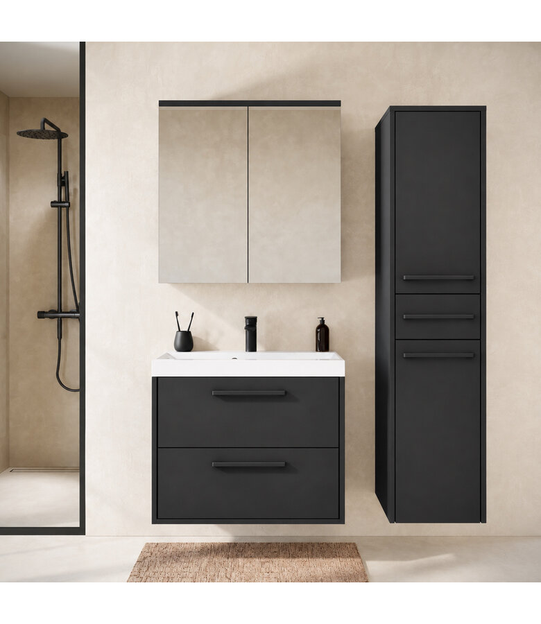 Badkamermeubel Florence 60cm complete set met spiegelkast - mat zwart
