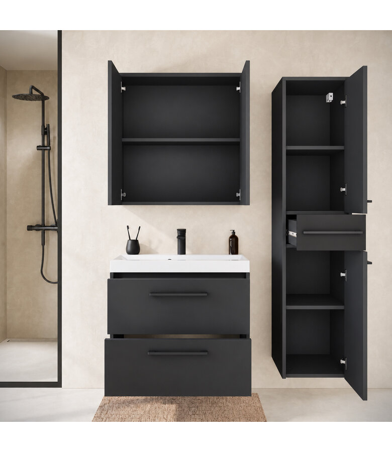 Badkamermeubel Florence 60cm complete set met spiegelkast - mat zwart