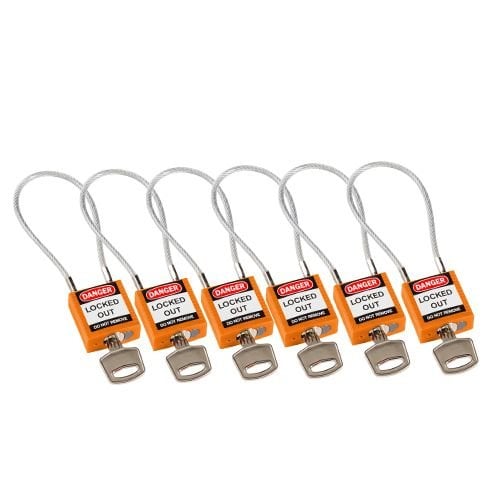 Nylon safety padlock orange with cable 195983 - 6 pack 