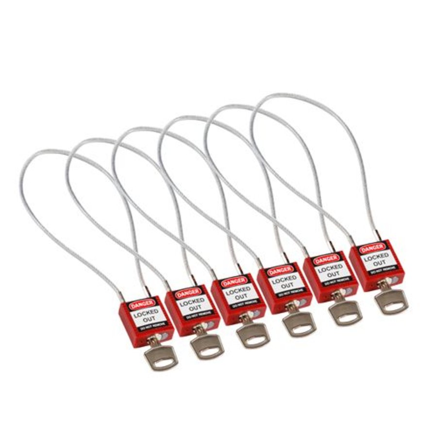 Nylon veiligheidshangslot met kabel rood 195972 - 6 pack