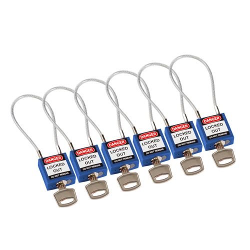 Nylon safety padlock blue with cable 195974 - 6 pack 