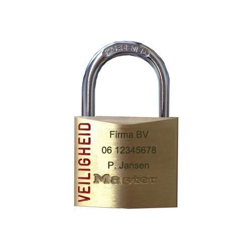 Master Lock Hangslot messing met "Veiligheid" en persoonlijke gravering 