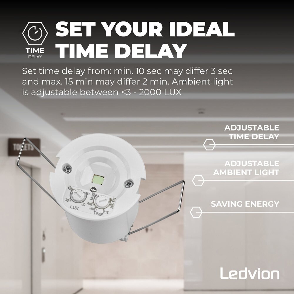 Ledvion Sensore di movimento da incasso Bianco 360° Con Interruttore Crepuscolare Portata di 8M