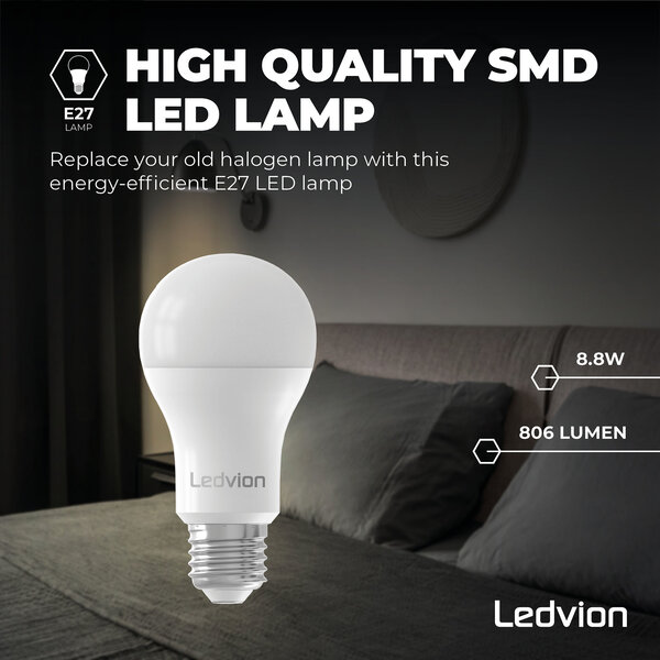 Ledvion 10x Lampadine LED E27 - 8.8W - 2700K - 806 Lumen  - Pacchetto sconto