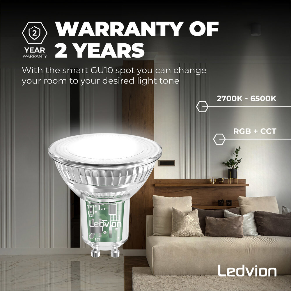 Ledvion Lampadina Smart RGB+CCT LED GU10 Dimmerabile - Wifi - 4,9W - 10 Pack