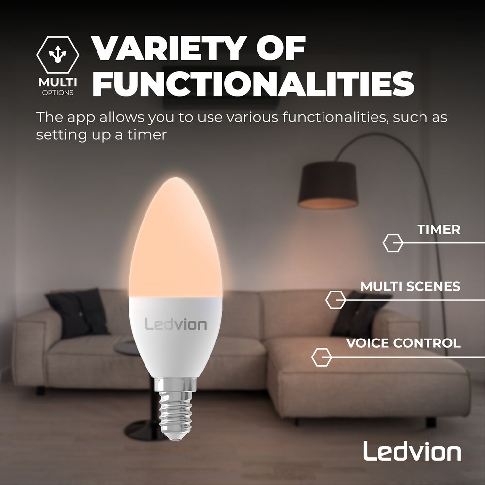 Ledvion Lampadina Smart RGB+CCT E14 LED - Wifi - Dimmerabile - 5W - 6 Pack