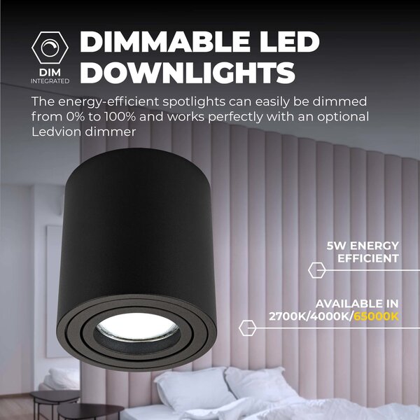 Ledvion Faretto LED da soffitto Dimmerabile  - Rotondo - Nero - 5W - 6500K - Inclinabile - IP20