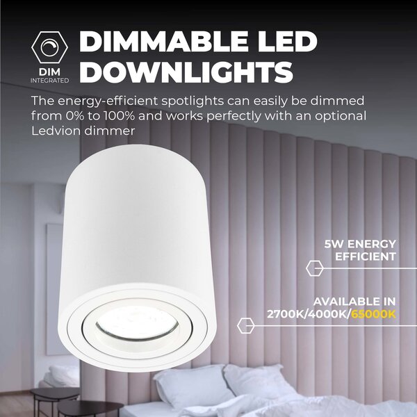 Ledvion Faretto LED da soffitto Dimmerabile  - Rotondo - Bianco - 5W - 6500K - Inclinabile - IP20