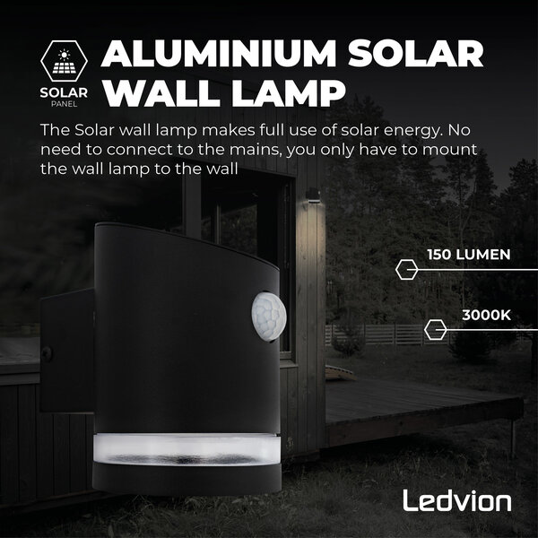 Ledvion Applique da Esterno LED Solare con Sensore - Elara - Nero - 3000K - 150 Lumen - IP44