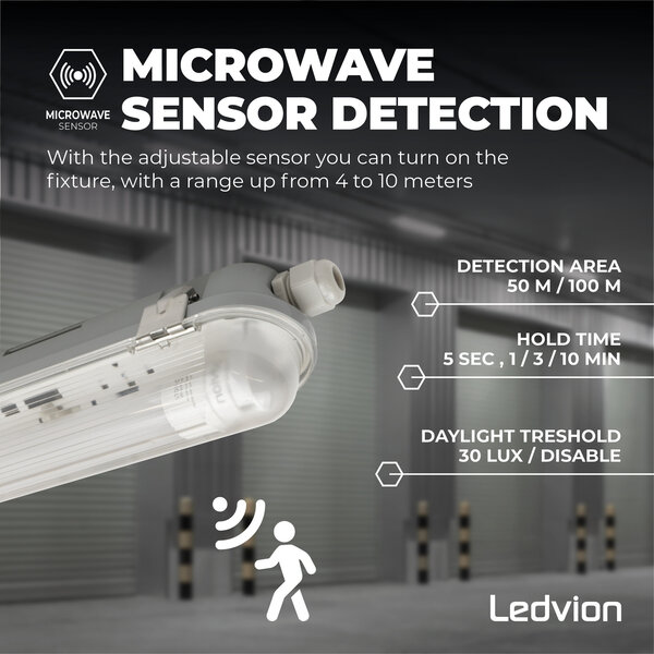 Ledvion Plafoniera LED da 60 cm con Sensore - Stagna - 7W - 4000K - IP65 - con Tubo LED