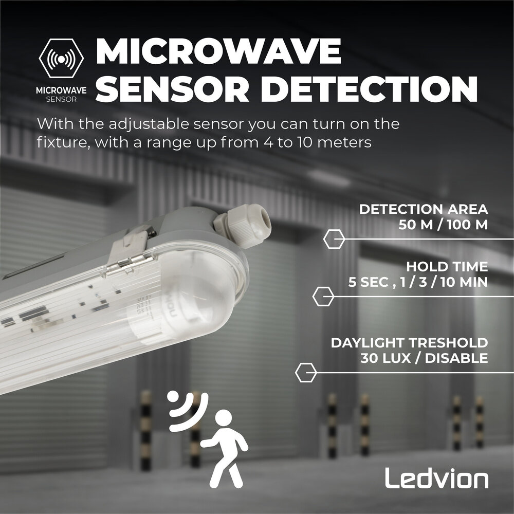 Ledvion Plafoniera LED da 120 cm con Sensore - Stagna - 12W - 6500K - IP65 - con Tubo LED