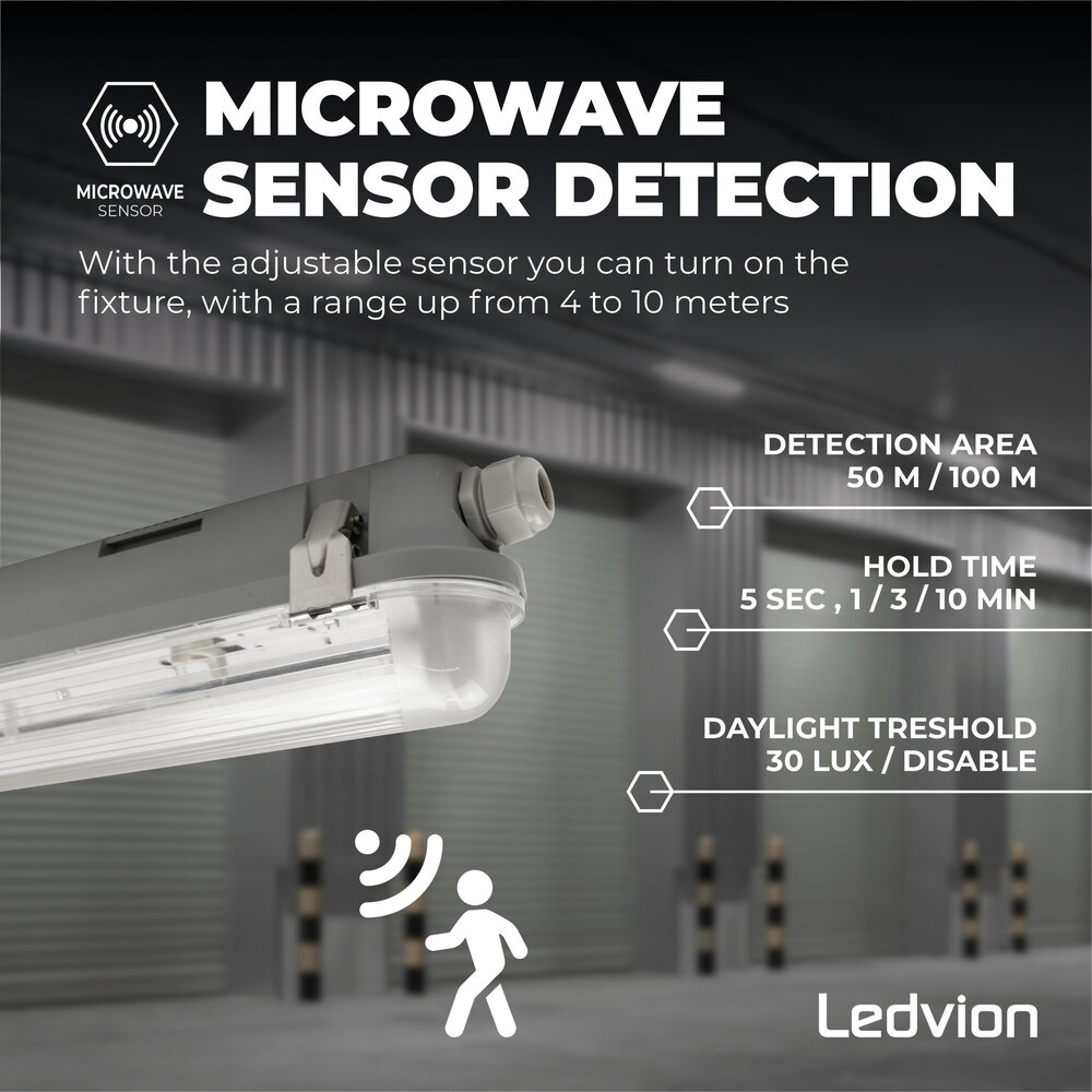 Ledvion Plafoniera LED da 150 cm con Sensore - Stagna - IP65 - Clip Inox