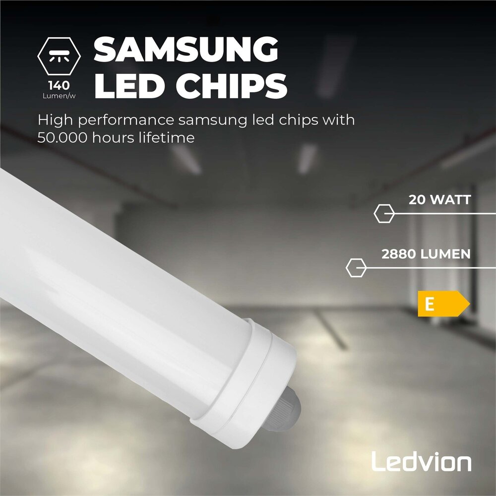 Ledvion 6x Plafoniera LED da 60 cm - Samsung LED - IP65 - 20W - 140 lm/W - 4000K - Collegabile - 5 anni di garanzia