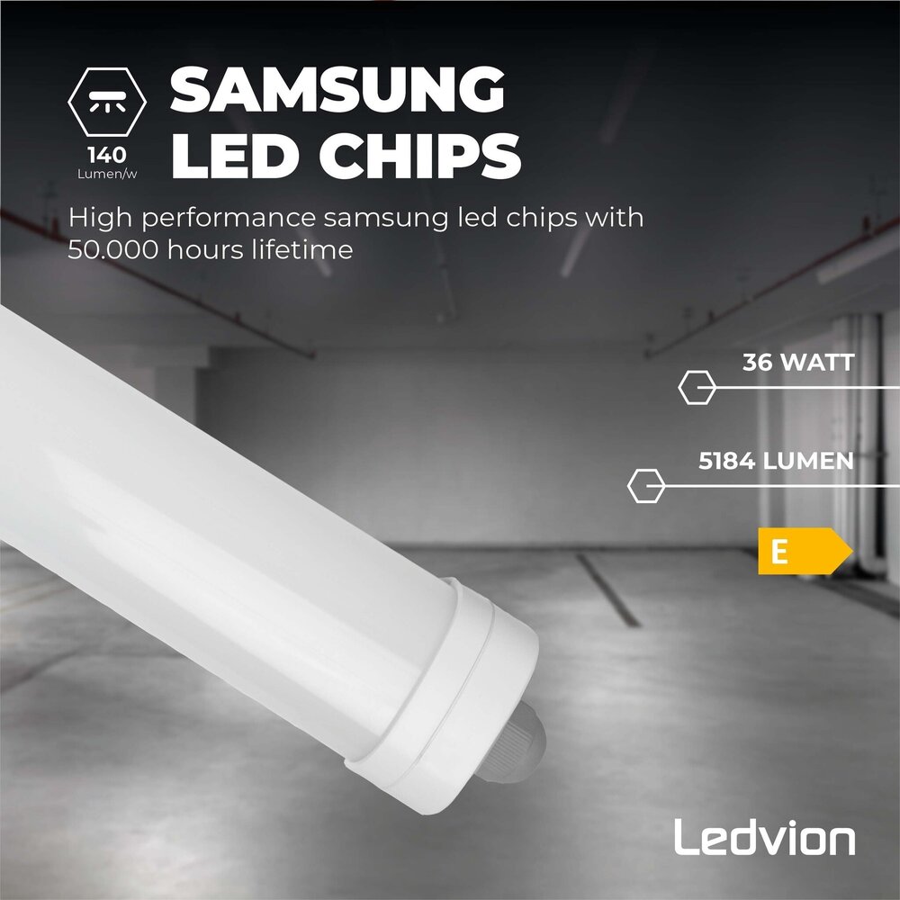 Ledvion 6x Plafoniera LED da 120 cm - Samsung LED - IP65 - 36W - 144 lm/W - 6500K - Collegabile - 5 anni di garanzia