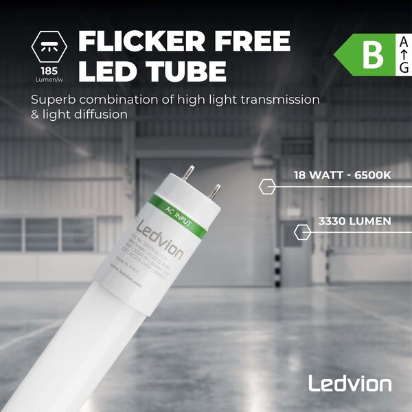 Ledvion Tubo LED 120 cm - 18W - 6500K - 185 Lm/W - Alta efficienza - Etichetta energetica B