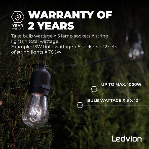 Ledvion 5m Catena Luminosa da esterno + cavo di collegamento da 3 m - IP65 - Collegabile - con 5 lampadine LED