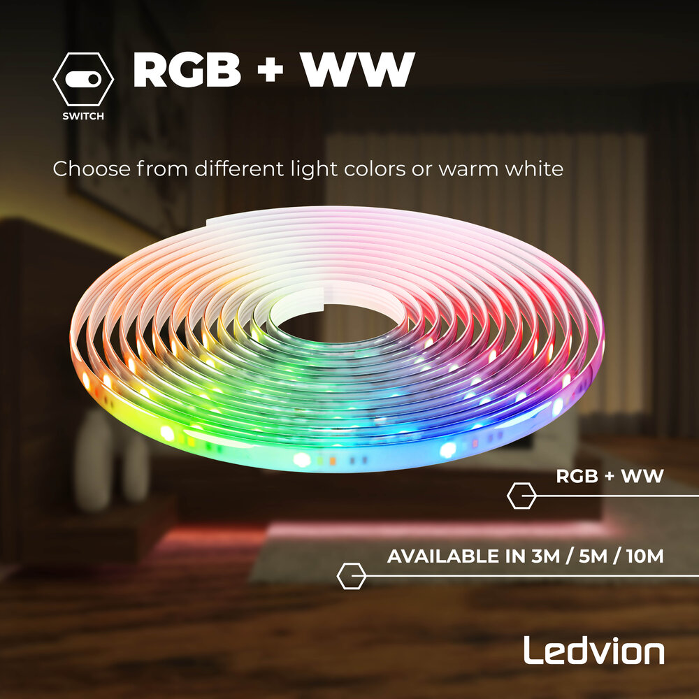 Ledvion Striscia LED - 10 Metri - RGB + 3000K - 24V - 23W - Pronto all'uso