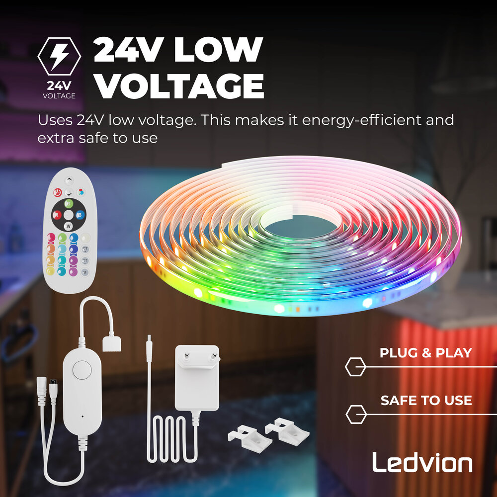 Ledvion Smart Striscia LED - 5 Metri - RGB + CCT - 24V - 12W - Pronto all'uso