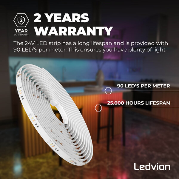 Ledvion Smart Striscia LED - 10 Metri - RGB + CCT - 24V - 19W - Pronto all'uso