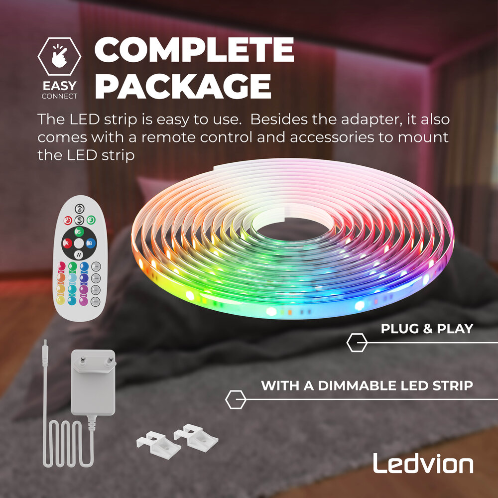 Ledvion Striscia LED - 3 Metri - RGB + 3000K - 24V - 9W - Pronto all'uso