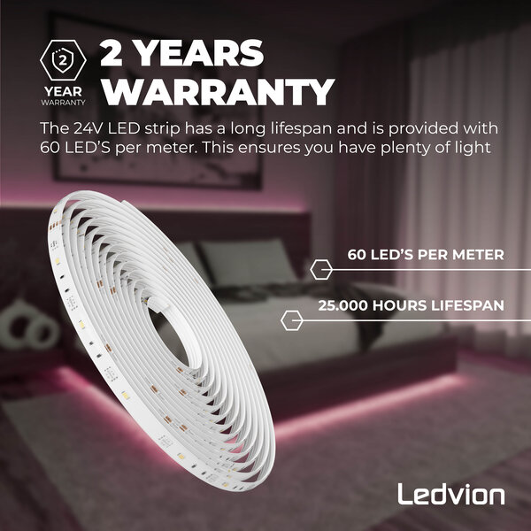 Ledvion Striscia LED - 5 Metri - RGB + 3000K - 24V - 13W - Pronto all'uso