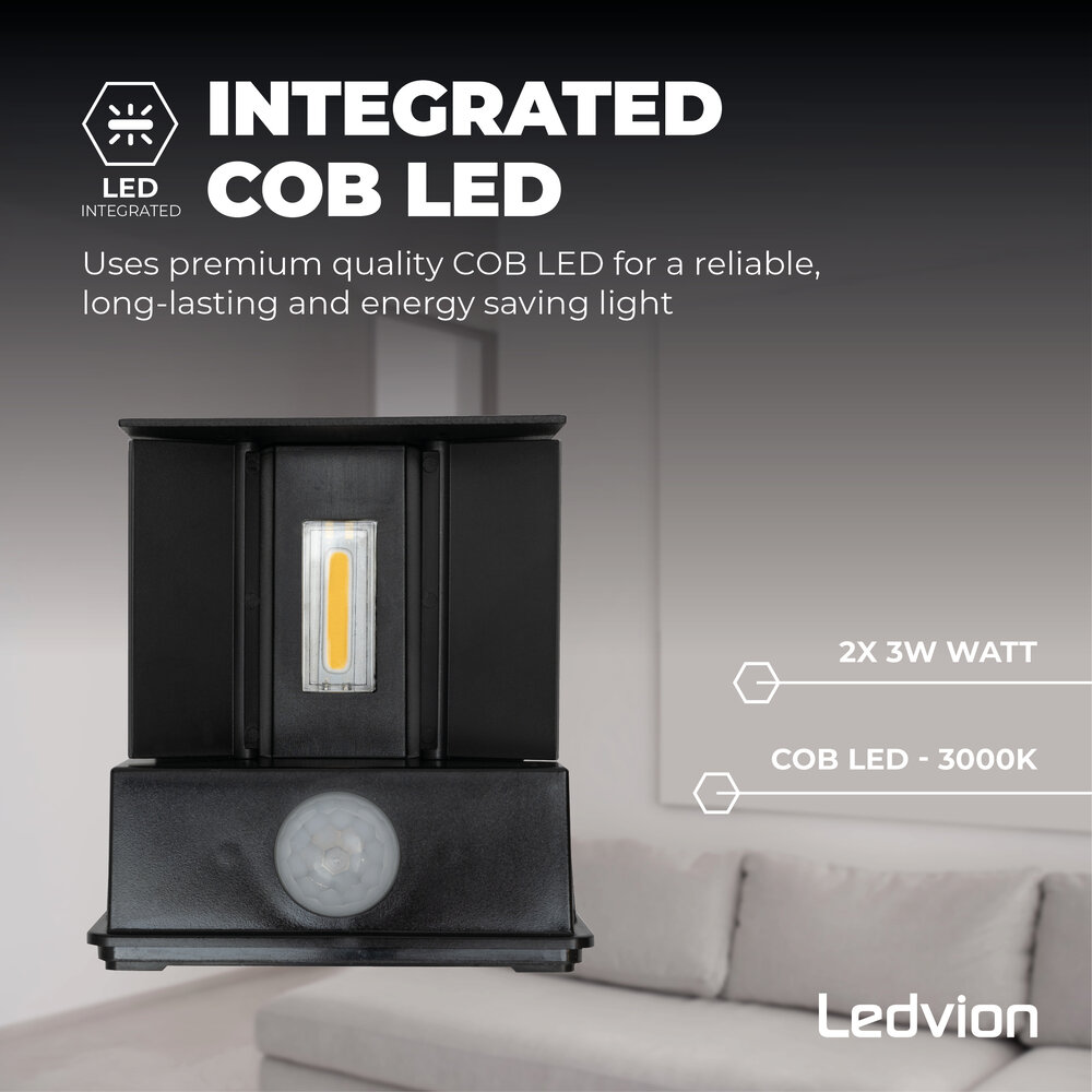 Ledvion Applique da Esterno LED con Sensore di Movimento - Nero - Cubo - Bidirezionale - 3000K -  2x 3 Watt - IP44