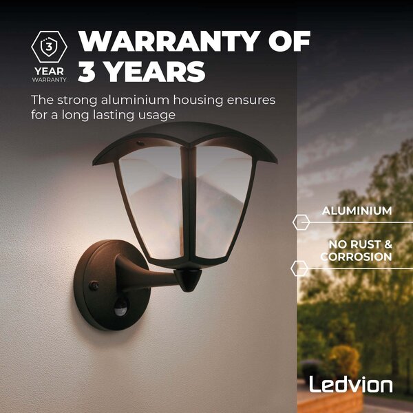 Ledvion Applique da Esterno LED con Sensore di Movimento - Nero - 3000K -  7W - IP44 - 3 anni di garanzia