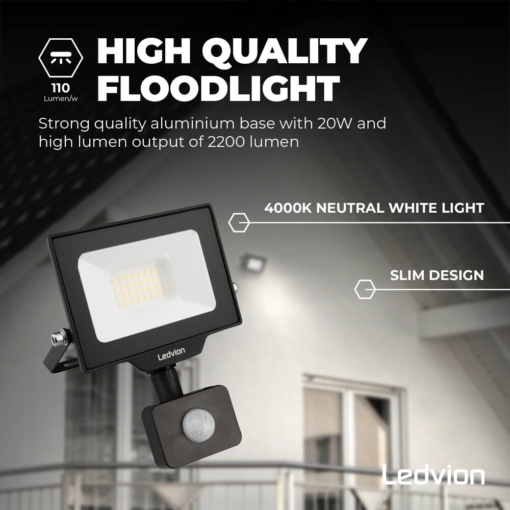 Ledvion Proiettore LED 20W - Osram - Sensore di Movimento - IP65 - 110lm/W - 4000K