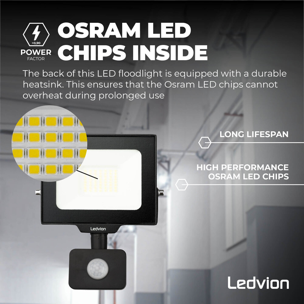 Ledvion Proiettore LED 30W - Osram - Sensore di Movimento - IP65 - 120lm/W - 6500K