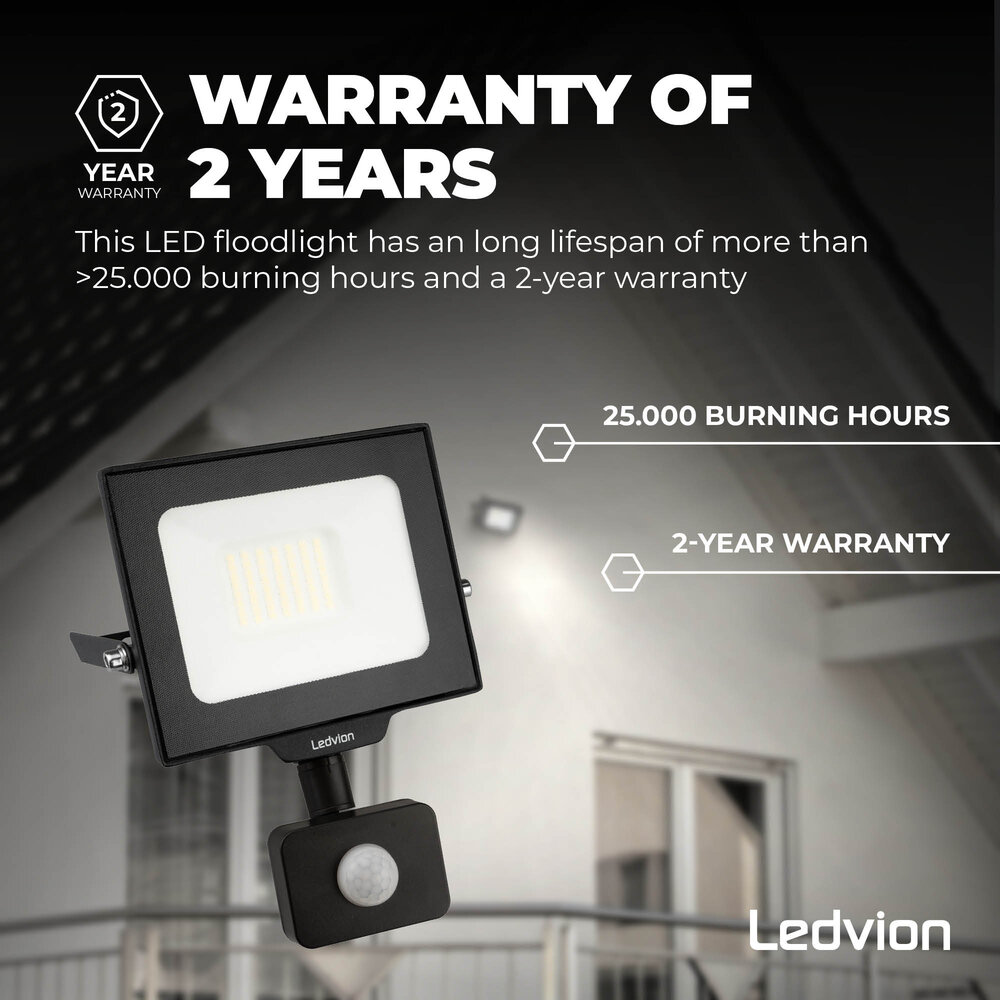 Ledvion Proiettore LED 30W - Osram - Sensore di Movimento - IP65 - 120lm/W - 6500K