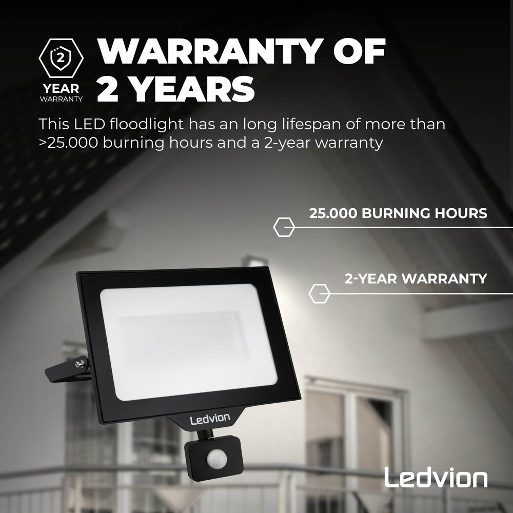 Ledvion Proiettore LED 100W - Osram - Sensore di Movimento - IP65 - 120lm/W - 6500K