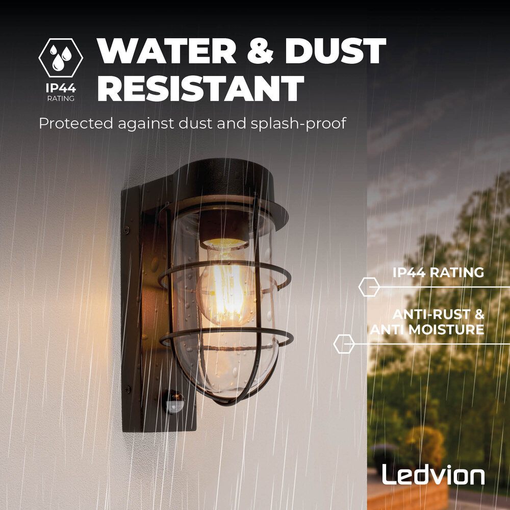 Ledvion Applique LED da esterno con sensore - Nero - Industriale - IP44 - Attacco E27