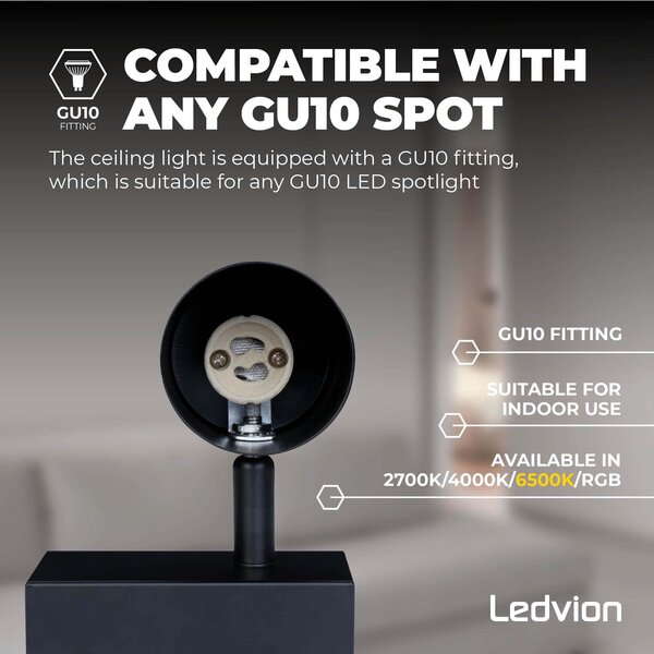 Ledvion Plafoniera LED Da Soffitto Orientabili - 5W - 6500K - Nera - 4 Posti - Attacco GU10