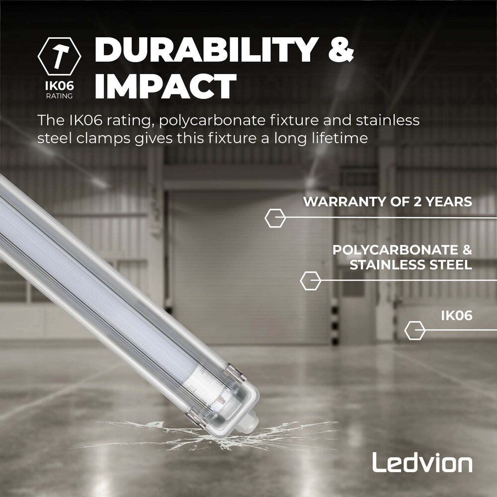 Ledvion Plafoniera Tubo LED da 150 cm - Stagna - 28W - 5180 Lumen - 4000K - Alta Efficienza - Etichetta Energetica B - IP65 - con Tubo LED