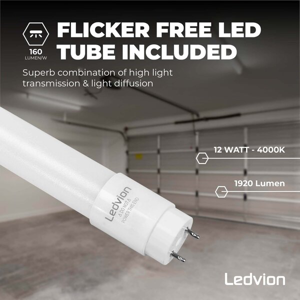 Ledvion Plafoniera Tubo LED da 120 cm - Stagna - 24W - 4000K - IP65 - con 2 Tubi LED