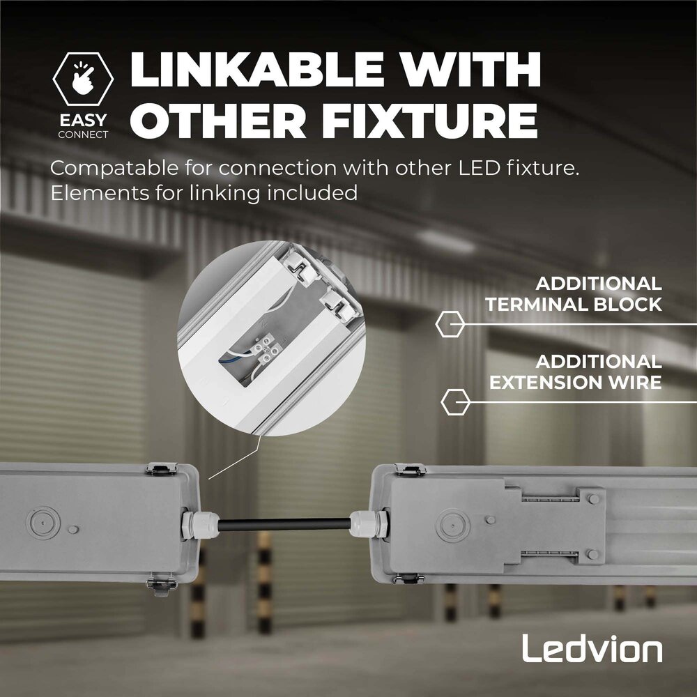 Ledvion Plafoniera Tubo LED da 150 cm - Stagna - 2x28W - 10360 Lumen - 4000K - Alta Efficienza - Etichetta Energetica B - IP65 - con 2 Tubi LED