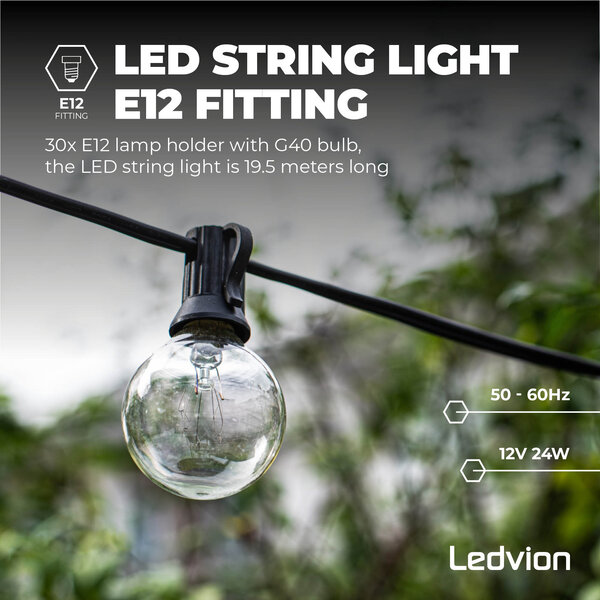 Ledvion 16,5m Catena Luminosa da esterno + cavo di collegamento da 3 m - 12V - IP44 - Collegabile - con 30 lampadine LED - Plug & Play