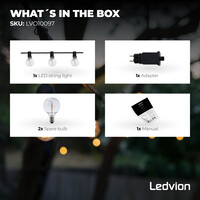Ledvion 16,5m Catena Luminosa da esterno + cavo di collegamento da 3 m - 12V - IP44 - Collegabile - con 30 lampadine LED - Plug & Play