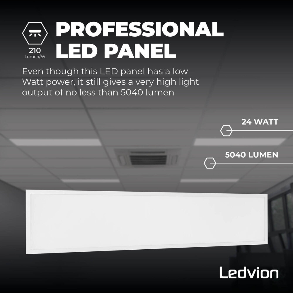 Ledvion 6x Pannello LED 120x30 - UGR <19 - 24W - 160 Lm/W - 4000K - 5 anni di garanzia - Classe energetica A