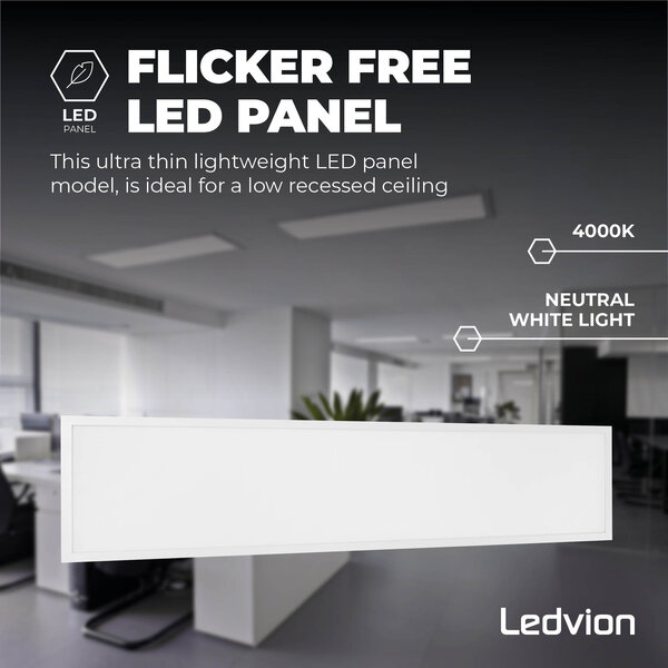 Ledvion 6x Pannello LED 120x30 - UGR <19 - 24W - 160 Lm/W - 4000K - 5 anni di garanzia - Classe energetica A