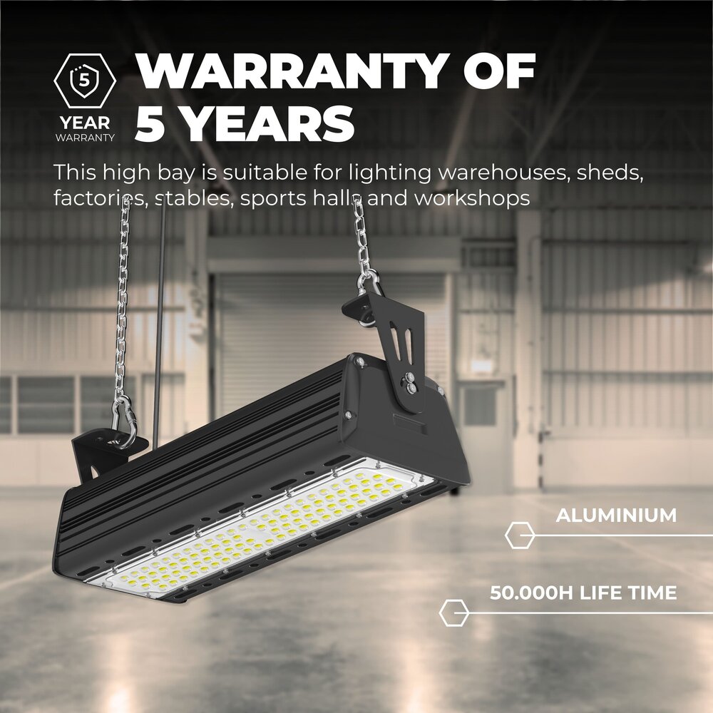 Lampadashop High bay LED Lineare 50W - 150lm/W - IP65 - 4000K - Dimmerabile - 5 anni di garanzia - Campana LED industriale