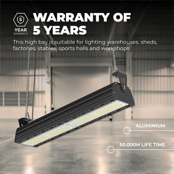 Lampadashop High bay LED Lineare 100W - 150lm/W - IP65 - 4000K - Dimmerabile - 5 anni di garanzia - Campana LED industriale