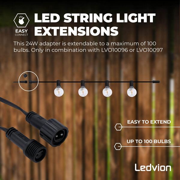 Ledvion 27m Catena Luminosa da esterno + cavo di collegamento da 3 m - G40 - 2700K - 12V - IP44 - Collegabile - con 50 lampadine LED - Pronto all'uso